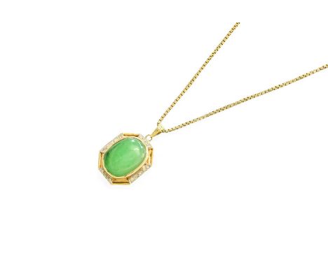 A Jade and Diamond Pendant on Chain, the oval jade plaque to an octagonal frame decorated with round brilliant cut diamonds, 