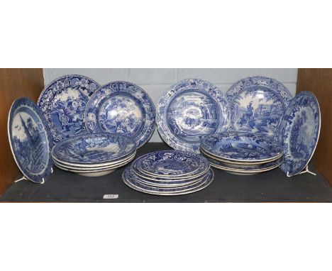 A Quantity of English Pearlware Plates and Dishes, circa 1820, printed in underglaze blue, including Rogers "Monopteros", Cle