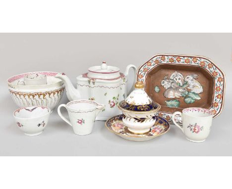 18th Century and Later Ceramics, including a Newhall teapot, an English porcelain floral and bird painted teacup and saucer w