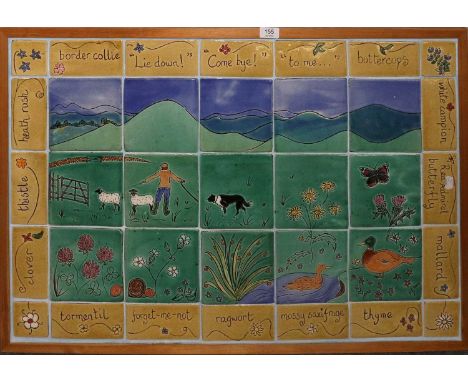 A Modern Framed Tile Montage of Sheep Herding and Countryside Scenes, bordered with flower names and collie phrases, 63cm by 