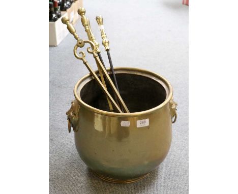 A 19th Century Dutch Brass Twin Handled Coal Bucket, and associated set of three fire tools