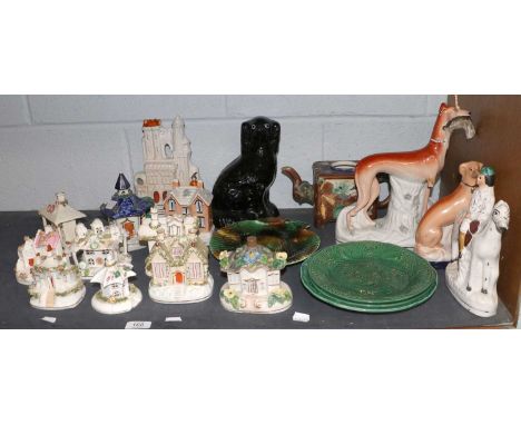 19th Century and Later Ceramics Includng: pastille burners, majolica plates, Minton style teaport (one shelf) 