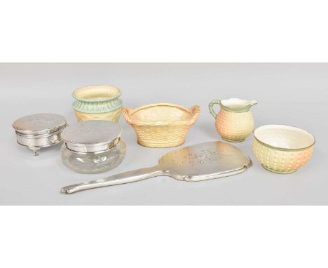Silver Dressing Table Items, comprising a hand mirror, ring box and powder bowl, together with four peices of Royal Worcester