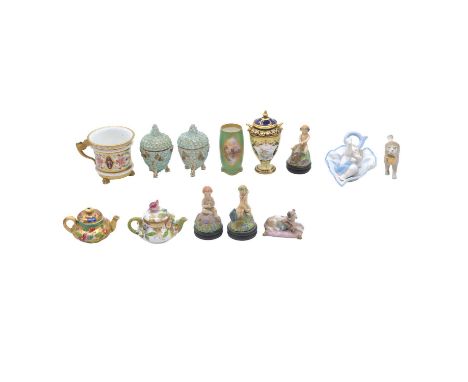 Royal Crown Derby vase, 1897, reserves painted with birds in a garden, yellow ground, matched lid, 11cm; Royal Doulton green 