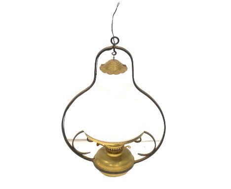 Brass hall lantern, cylindrical body, green glass panes, overall height 51cm; and another brass and wrought iron hanging lamp