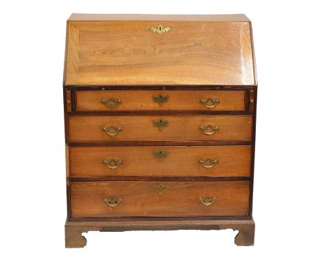 George III faded oak bureau, slope with part fitted interior above four graduating drawers, bracket feet, width 90cm, depth 5