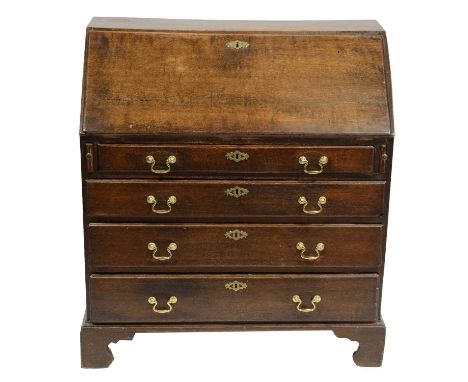 Georgian country-made oak bureau, fall front enclosing a fitted interior, four graduating drawers below, on bracket feet, wid