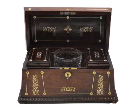 Victorian inlaid rosewood tea caddy, sarcophagus shape, interior with two caddy boxes and a glass bowl, 36cm.Condition report