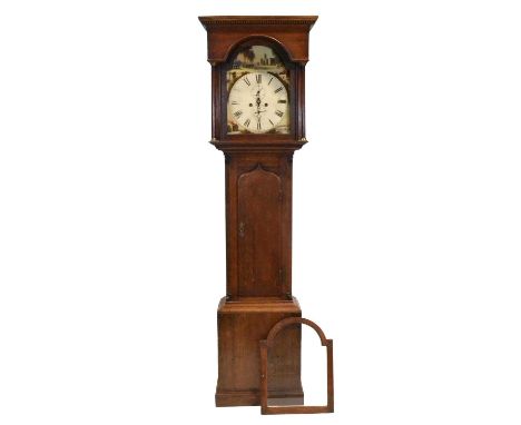 Georgian oak longcase clock, the case with moulded and dentil cornice, turned columns, long door, plinth base, 33cm arched pa