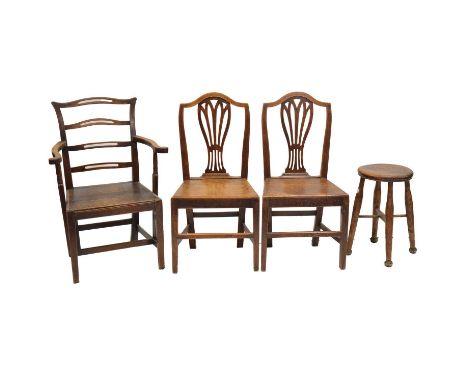 Oak Country-made ladder-back dining chair, solid seat; two other dining chairs with solid seats; and an elm top Windsor stool