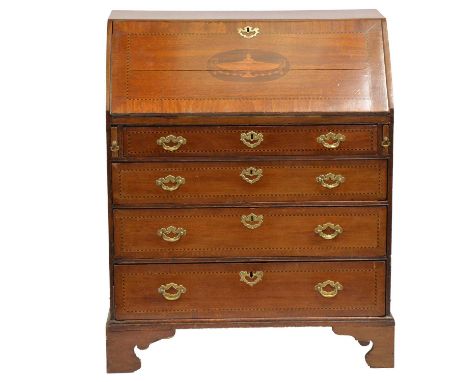 Victorian mahogany marquetry bureau, the fall front with Classical urn roundel (split), fitted interior, four graduated drawe