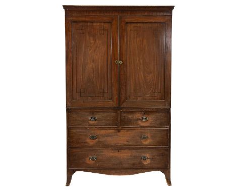 Late Georgian mahogany press cupboard, adapted as a wardrobe, moulded cornice, two doors enclosing a hanging rail, two short 