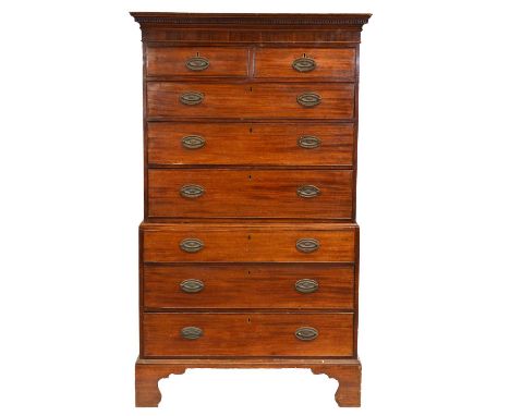 George III mahogany chest on chest, dentil and cavetto cornice, two short and six long graduating drawers, bracket feet, widt