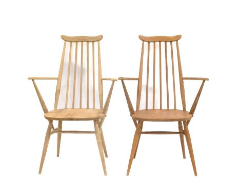 Ercol, two Goldsmith carver chairs, stripped and in need of refinishing, width 62cm, height 96cm.Qty: 2