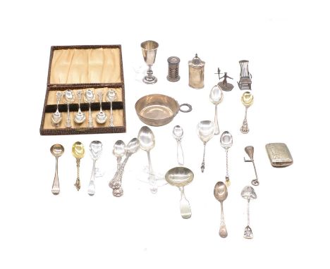 A collection of Victorian and later silver and white metal teaspoons and caddy spoons; silver condiments; kiddish cup; tasse 