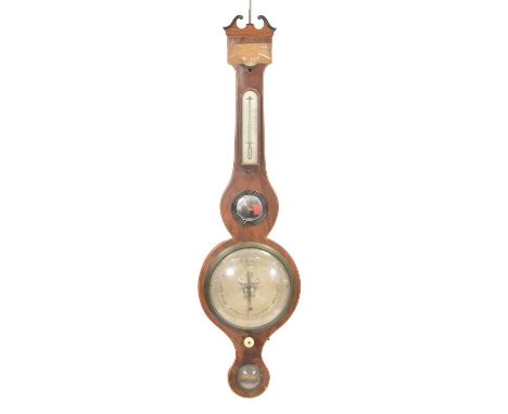 Late Georgian mahogany banjo-shape wall barometer, Camozzi, Bicester, silvered and engraved dial, thermometer over, case rest