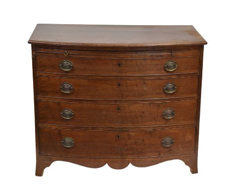 Victorian mahogany bowfront chest of drawers, moulded edge, brushing slide over four long graduating drawers, splayed bracket