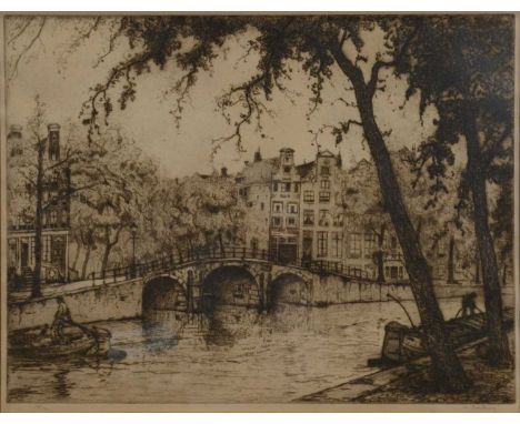 Jan Poortenaar,View of a canal, etching, signed and numbered 10/100, 51x66cm; together withAfter J Spoel, Rederijkers, Rotter