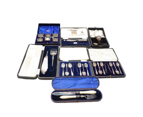 Set of six silver napkin rings, D&amp;S, Birmingham 1911, cast rims, engine turned decoration, blask cartouches, cased, two s