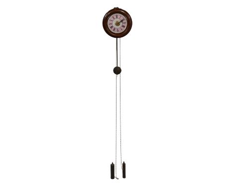 Stained walnut cased postman's alarm clock, concentric pink and white enamel dial, black Roman numerals, 27.5cm diameter.