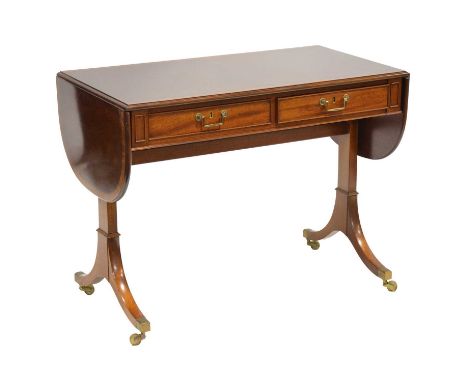 Reproduction mahogany sofa table, with crossbanding, two D shaped leaves, two drawers, splayed legs, width 96cm, depth 51cm, 