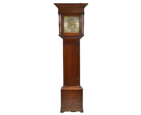 Oak longcase clock, case with moulded cornice, turned columns, long door, bracket feet, 31cm square brass dial, signed Samuel