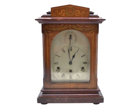 Edwardian inlaid mahogany mantel clock, architectural case, arched silvered dial with chime/silent, Keinzl movement striking 