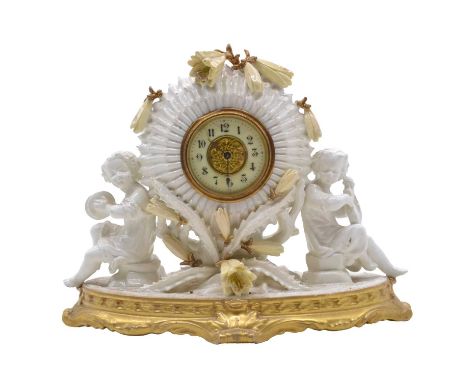 Moore Brothers porcelain mantel clock, late 19th century, ivorine chapter ring, French cylinder timepiece movement, the case 