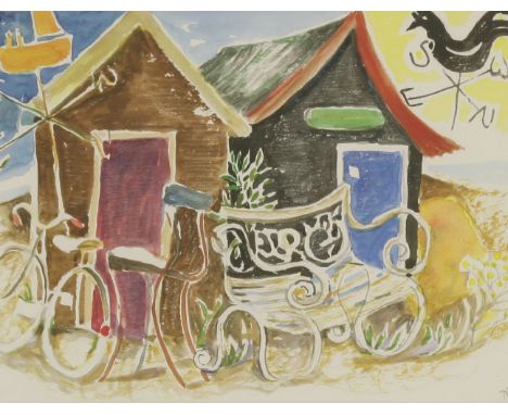 *Tessa Newcomb (b.1955)A BICYCLE AND A BENCH OUTSIDE BEACH HUTSSigned with initials l.r., pencil and watercolour17.5 x 23cm*A