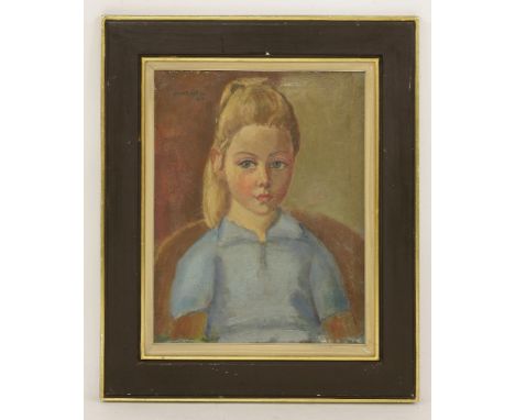 *Jan Sluyters Jr. (Dutch, 1914-2005)PORTRAIT OF A YOUNG GIRL, SEATED, IN A BLUE DRESSSigned and dated 1953 u.l., oil on canva