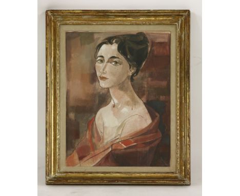Peter Todd Mitchell (American, b.1929)PORTRAIT OF A YOUNG WOMAN, BUST LENGTH, IN A RED SHAWLSigned l.r., gouache on linen55 x