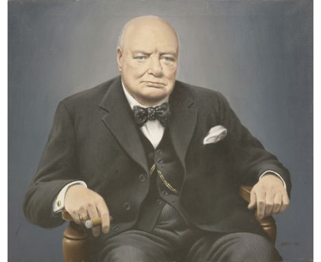 *Fred Aris (b.1932)PORTRAIT OF SIR WINSTON CHURCHILL, HALF LENGTH, SEATEDSigned and dated '65 l.r., oil on canvas66 x 76cm, u