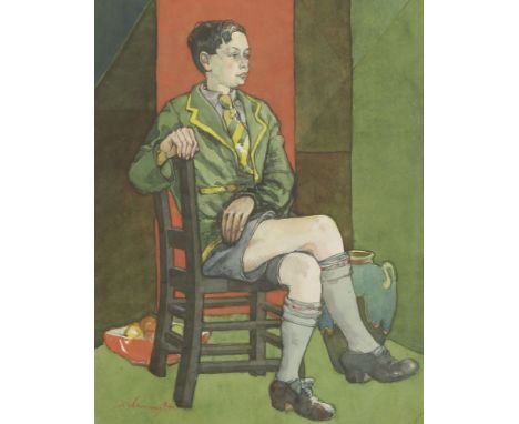 Albert Wainwright (1898-1943)PORTRAIT OF A BOY, FULL LENGTH SEATED, WEARING SCHOOL UNIFORMSigned l.l., watercolour27.5 x 21cm
