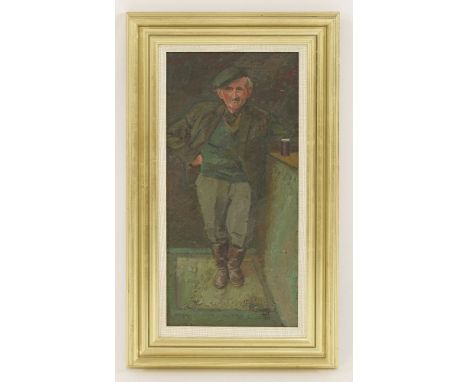 *Selwyn Jones (1928-1998)'HANER PEINT' - PORTRAIT OF A MAN STANDING AT A BAROil on board43 x 19cm*Artist's Resale Right may a