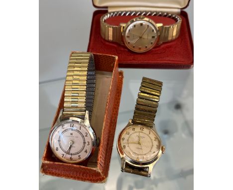 Three vintage gent's watches; Timex Waterproof- with box, Ingersoll 5 jewels Shockproof watch- working and Ingersoll Ltd Lond