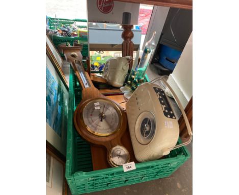 A Crate consisting of A barometer, radio and other items 