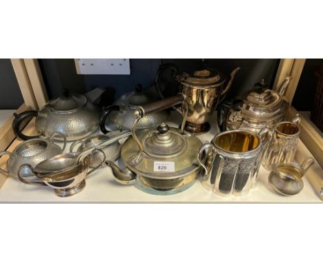 A Shelf of pewter and E.P Wares, includes Pewter four piece tea/ coffee service, E.P Coffee and tea pots. 