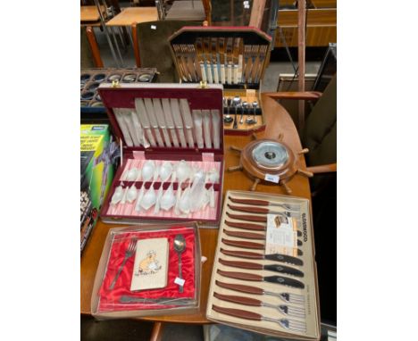A Selection of canteens of cutlery and a barometer 