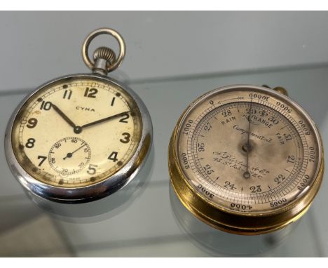 Military Cyma pocket watch together with an antique pocket barometer produced by F. Darton &amp; Co 