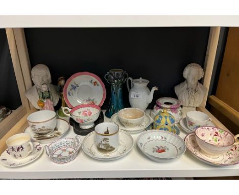 A Shelf of antique porcelain to include Mintons Secessionist vase No.41, Meissen ink well stand, Meissen Blanc de chine tea p
