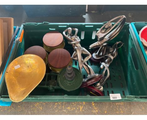 A Crate of collectables includes art deco style figures and Hornsea pottery utensil jars 