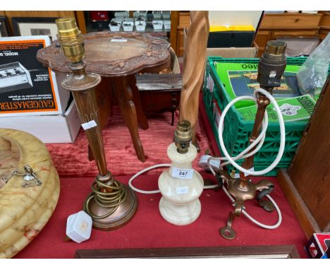 2 Copper table lamps along with onyx table lamp 