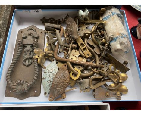 A Box of Antique brass fixtures and fittings to include Victorian door knocker 