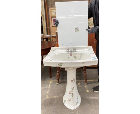 Ceramic floral design sink on pedestal support with back splash ceramic tile by Johnson Bros Wakefield England 