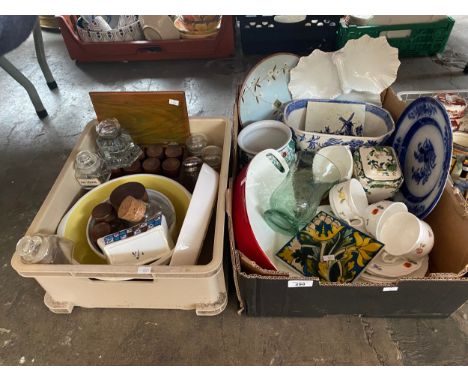 2 Boxes of collectables includes blue and white wares, hand painted tile and vintage spice jars 