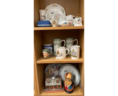 3 Shelves of collectables includes Aynsley cottage garden, Spode Fortuna tankards and much more 