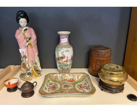 A Shelf of Chinese and Japanese wares, includes brass censor pot, Chinese Famille Rose dish, Yixing pottery small sake pot, J