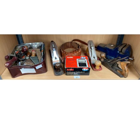 A Large Shelf of tools to includes Acorn, stanley planes, Small Table vice and a Small box of tools 