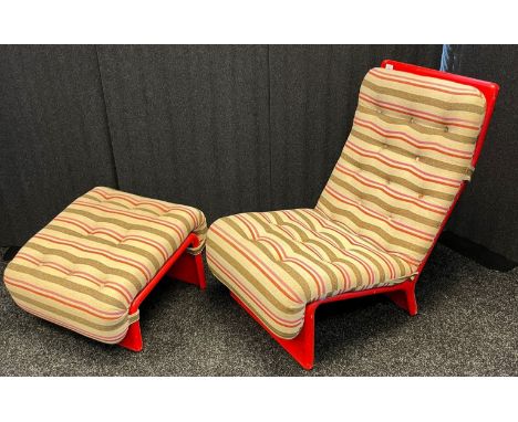 Mid Century  1960's Danish designer [Cado] chair and stool, red coloured with striped button upholstered cushions 