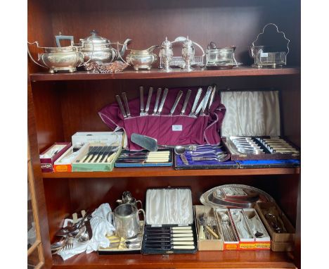 3 Large Shelves of Silver plated wares includes Flat wares , 3 piece silver plated tea service and other items 